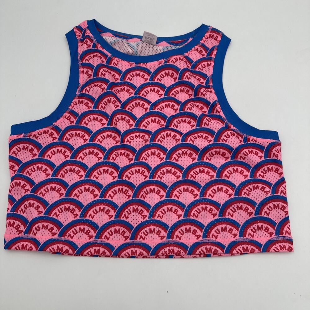 Zumba Wear Crop Tank Retro Mesh Top Spicy Pink Blue Red Logo